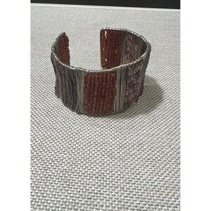 Beaded Wrap Cuff Bracelet Silver Tone Seed/Tube Beads Amethyst Flexible Fit Boho